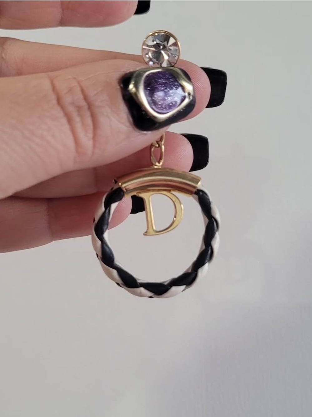 D Gold-Tone Braided Hoop Drop Earring with 'D' Charm - Black & White